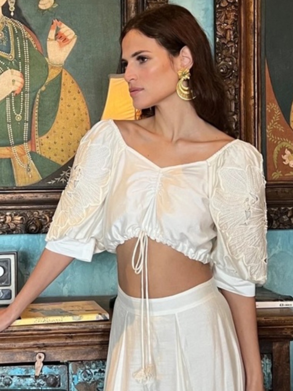 White Embroidered Crop Blouse with Drawstring